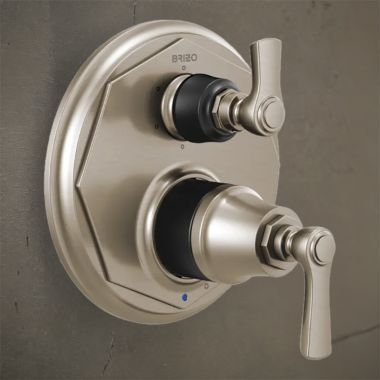 Click here to see Brizo T75P660-NKBL Brizo Rook Pressure Balance Valve Trim w/ 6-Function Diverter Trim, Lever Handles, Matte Black/ Luxe Nickel - T75P660-NKBL