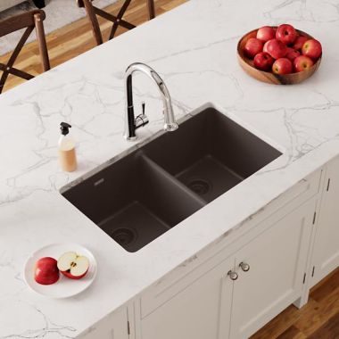 Click here to see Elkay ELGU3322MC0 Elkay Quartz Classic Mocha 33in Length x 18-1/2in Width Equal Double Bowl Undermount Sink - ELGU3322MC0