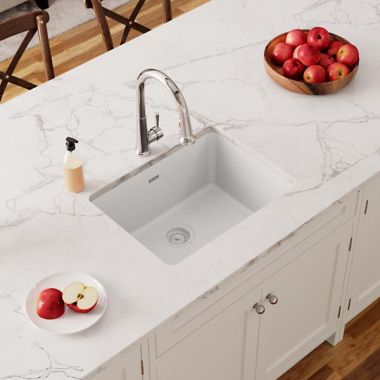Click here to see Elkay ELGU2522WH0 Elkay Quartz Classic White 25in x 18in Undermount Single Bowl Kitchen Sink Kit with Rear Center Drain - ELGU2522WH0