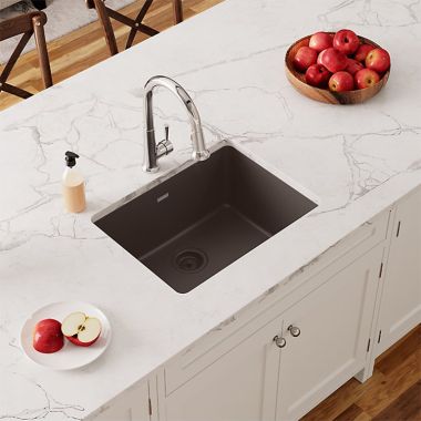 Click here to see Elkay ELGU2522MC0 Elkay Quartz Classic Mocha 25in x 18in Undermount Single Bowl Kitchen Sink  with Rear Center Drain - ELGU2522MC0