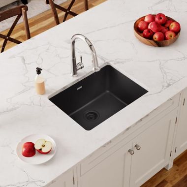 Click here to see Elkay ELGU2522BK0 Elkay Quartz Classic Black 25in x 18in Undermount Single Bowl Kitchen Sink  with Rear Center Drain - ELGU2522BK0