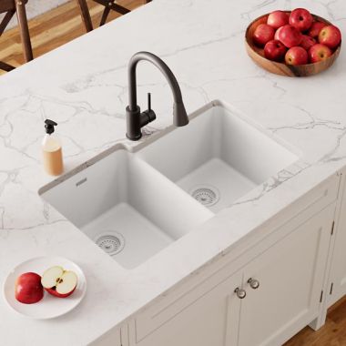 Click here to see Elkay ELGU250RWH0 Elkay Quartz Classic White 33in x 21in Undermount Double Bowl Kitchen Sink with Rear Center Drain - ELGU250RWH0