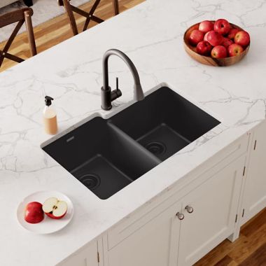 Click here to see Elkay ELGU250RBK0 Elkay Quartz Classic Black 33in x 21in Undermount Double Bowl Kitchen Sink with Rear Center Drain - ELGU250RBK0