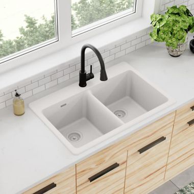 Click here to see Elkay ELG3322WH0 Elkay Quartz Classic White 33in x 22in Equal Double Bowl Drop-In Sink with Rear Center Drain - ELG3322WH0