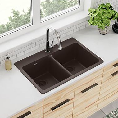 Click here to see Elkay ELG3322MC0 Elkay Quartz Classic Mocha 33in x 22in Equal Double Bowl Drop-In Sink with Rear Center Drain - ELG3322MC0
