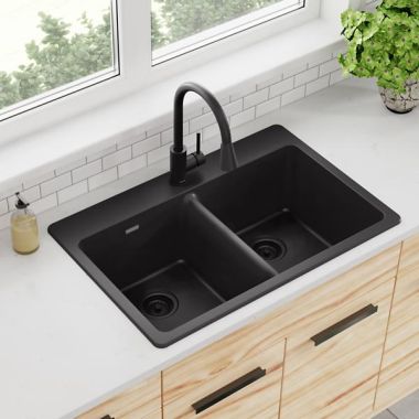 Click here to see Elkay ELG3322BK0 Elkay Quartz Classic Black 33in x 22in Equal Double Bowl Drop-In Sink with Rear Center Drain - ELG3322BK0