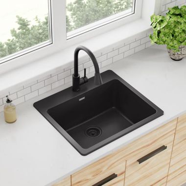 Click here to see Elkay ELG2522BK0 Elkay Quartz Classic Black 25in x 22in x 9-1/2in Single Single Bowl Drop-in Sink with Rear Center Drain - ELG2522BK0