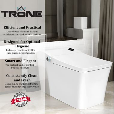 Click here to see Trone Plumbing STCH Trone Tahum Smart Bidet Toilet Combo with Toe Touch Sensor, Auto-Open/Close, Digital Display, Heated Seat, Night Light, Auto-Flush, 1.28 GPF, White - STCH