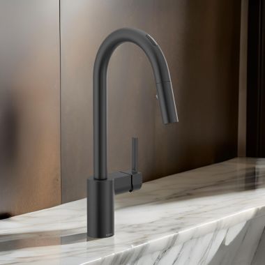 Click here to see Moen 7565EVBL Moen Align Smart Single Handle High-Arc Pull-Down Kitchen Faucet, Matte Black - 7565EVBL 