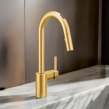 Click here to see Moen 7565EVBG Moen Align Smart Single Handle High-Arc Pull-Down Kitchen Faucet, Brushed Gold - 7565EVBG 