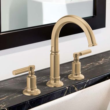 Click here to see  65376LF-GLLHP-ECO Brizo Invari Two-Handle Widespread Bathroom Faucet with Arc Spout, 1.2 GPM, Brilliance Luxe Gold, Less Handles - 65376LF-GLLHP-ECO