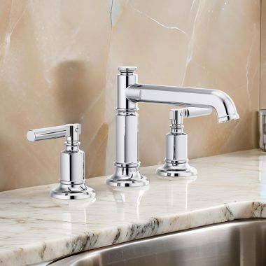 Click here to see Brizo 65377LF-PCLHP Brizo Invari Two-Handle Widespread Polished Chrome Bathroom Faucet with Metal Pop-Up, Column Spout, 1.5 GPM, Three-Hole, Less Handles - 65377LF-PCLHP