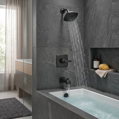 Click here to see  T14464-BL Delta Ashlyn Monitor 14 Series Single-Handle Tub/Shower Faucet with Single-Setting Rain Showerhead, 1.75 GPM, Lever Handle, Matte Black - T14464-BL