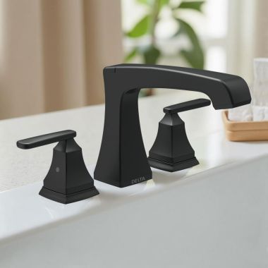 Click here to see Delta T2764-BL Delta Ashlyn Two-Handle Roman Tub Faucet Trim, Angular Spout, Lever Handles, ADA-Compliant, Matte Black - T2764-BL