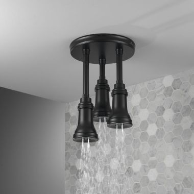 Click here to see Delta 57190-BL25 Delta Universal Showering 2.5 GPM Pendant Raincan H2Okinetic Single-Spray Function Showerhead, Ceiling Mount, Matte Black - 57190-BL25