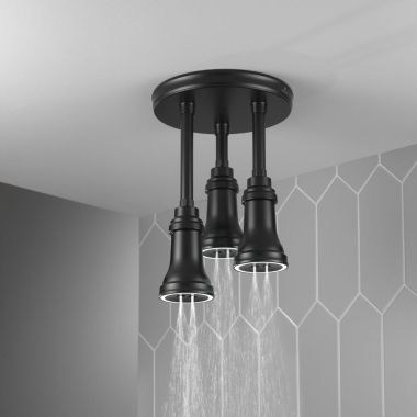 Click here to see Delta 57190-BL25-L Delta LED Pendant 2.5 GPM Single-Setting Spray Raincan Showerhead with H2Okinetic Technology and PowerDrench Spray,  Matte Black - 57190-BL25-L