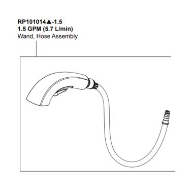 Click here to see Peerless RP101014-1.5 Peerless Parkwood Chrome Hose Assembly, Wand, Clip, And O-Ring Replacement Part For P6935LF Kitchen Faucet, 1.5 GPM - RP101014-1.5