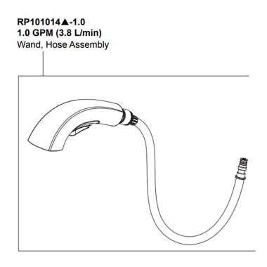 Click here to see Peerless RP101014SS-1.0 Peerless Parkwood Stainless Hose Assembly, Wand, Clip, And O-Ring Replacement Part For P6935LF Kitchen Faucet, 1 GPM - RP101014SS-1.0