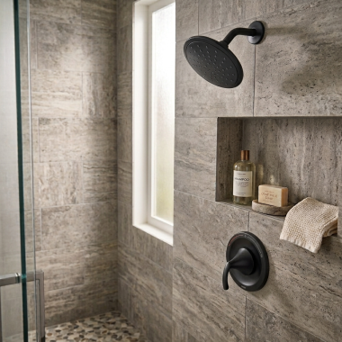 Click here to see  T2842EPBL Moen Glyde Posi-Temp Single-Handle Shower Trim Kit with Rainshower, 1.75 GPM, Matte Black - T2842EPBL
