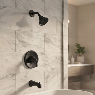 Click here to see  T2743BL Moen Glyde Posi-Temp Single-Handle Tub and Shower Trim, Lever Handle, 2.5 GPM, Matte Black - T2743BL