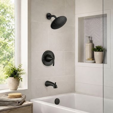 Click here to see  T2843EPBL Moen Glyde Posi-Temp Single-Handle Tub/Shower Trim Kit with Rainshower, 1.75 GPM, Matte Black - T2843EPBL