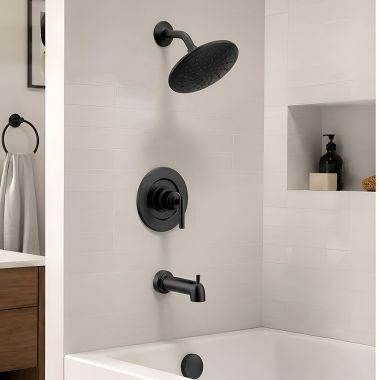 Click here to see  T3003EPBL Moen Gibson Posi-Temp Tub/Shower Faucet with 1.75 GPM Rainshower, 1-Function, Single Lever Handle, M-PACT, Eco-Performance, Matte Black - T3003EPBL