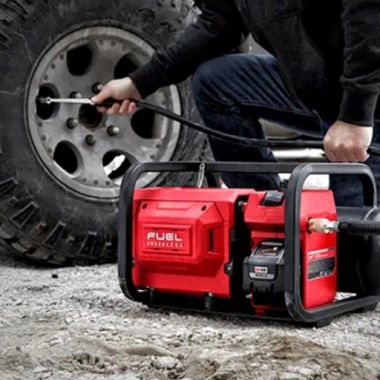 Click here to see Milwaukee 2840-20 Milwaukee M18 FUEL Brushless Cordless 2-Gallon Compact Quiet Air Compressor with 68dB(A), Tool Only - 2840-20