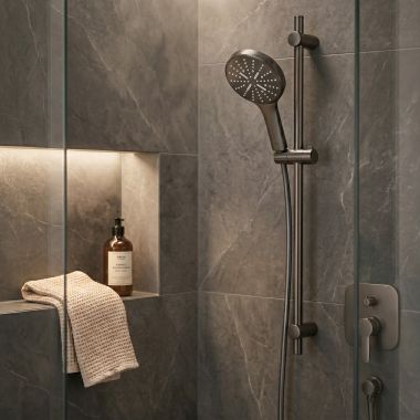 Click here to see Grohe 26545A00 GROHE RAINSHOWER SmartActive 130 3-Spray Handshower,  6.6 L/Min, Hard Graphite - 26545A00