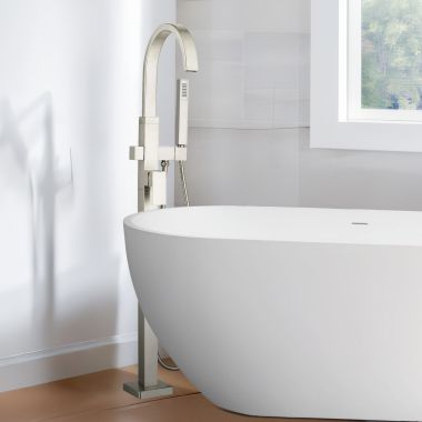 Click here to see AMERICAN STANDARD T184951.295 American Standard Contemporary Square Freestanding Bathtub Faucet w/ Personal Shower, Lever Handle, 1.8 GPM, Brushed Nickel - T184951.295