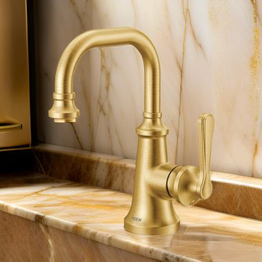 Click here to see Moen S44101BG Moen Colinet Single-Handle Bathroom Faucet with Metal Pop-Up, 1.2 GPM, Lever Handle, Brushed Gold - S44101BG