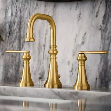 Click here to see Moen TS44102BG Moen Colinet Two-Handle Widespread Lavatory Faucet, 1.2 GPM, Lever Handles, WaterSense, Brushed Gold - TS44102BG