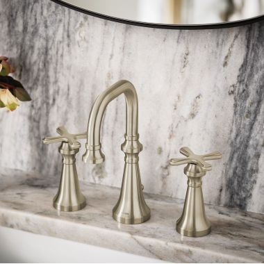 Click here to see Moen TS44103BN Moen Colinet Two-Handle Widespread Lavatory Faucet, 1.2 GPM, Cross Handles, WaterSense, Brushed Nickel - TS44103BN