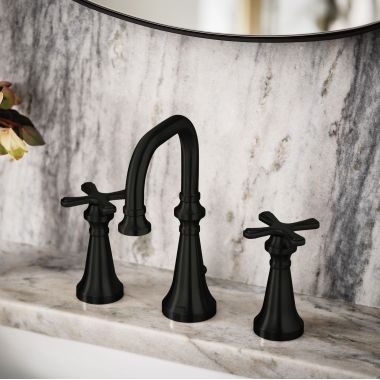 Click here to see Moen TS44103BL Moen Colinet Two-Handle Widespread Lavatory Faucet, 1.2 GPM, Cross Handles, WaterSense, Matte Black - TS44103BL