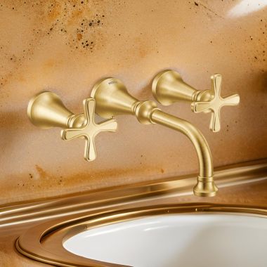 Click here to see Moen TS44105BG Moen Colinet Two-Handle Wall-Mount Bathroom Faucet, 1.2 GPM, Cross Handles, WaterSense, Brushed Gold - TS44105BG