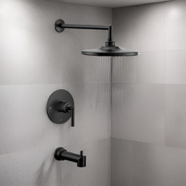 Click here to see Moen UTS32003BL Moen Arris M-Core 3-Series Tub/Shower Faucet with 2.5 GPM Rain Shower, 1-Function, Single Lever Handle, M-PACT, Immersion, Matte Black - UTS32003BL