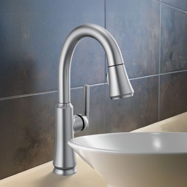 Click here to see Delta 9979-AR-DST Delta Coranto Single Handle Pull-Down Bar/Prep Faucet, Diamond Seal, MagnaTite, ADA, 1.8 GPM, Arctic Stainless - 9979-AR-DST