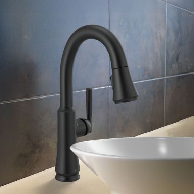 Click here to see Delta 9979-BL-DST Delta Coranto Single Handle Pull-Down Bar/Prep Faucet, Diamond Seal, MagnaTite, ADA, 1.8 GPM, Matte Black - 9979-BL-DST