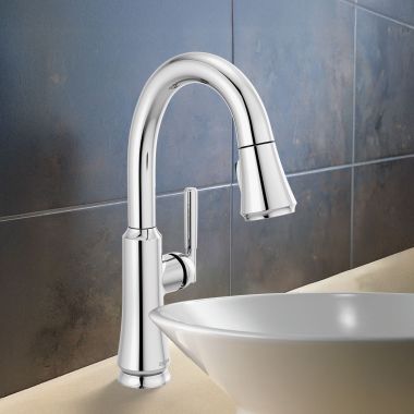 Click here to see Delta 9979-DST Delta Coranto Single Handle Pull-Down Bar/Prep Faucet, Diamond Seal, MagnaTite, ADA, 1.8 GPM, Chrome - 9979-DST
