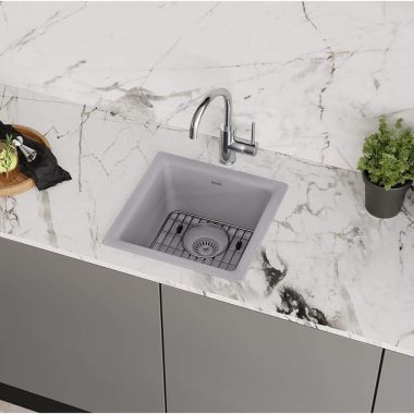 Click here to see Elkay ELG1616GS0C Elkay Quartz Classic Greystone Bar Sink Kit, 15-3/4in x 15-3/4in x 7-11/16in Dual Mount Single Bowl Sink with Bottom Grid, Drain, and Cleaning Kit - ELG1616GS0C 