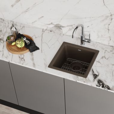 Click here to see Elkay ELG1616MC0C Elkay Quartz Classic Mocha Bar Sink Kit, 15-3/4in x 15-3/4in x 7-11/16in Dual Mount Single Bowl Sink with Bottom Grid, Drain, and Cleaning Kit - ELG1616MC0C 