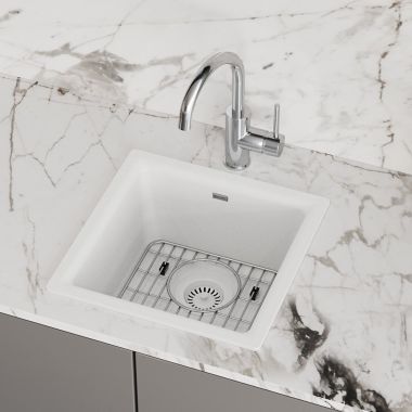 Click here to see Elkay ELG1616WH0C Elkay Quartz Classic White Bar Sink Kit, 15-3/4in x 15-3/4in x 7-11/16in Dual Mount Single Bowl Sink with Bottom Grid, Drain, and Cleaning Kit - ELG1616WH0C 