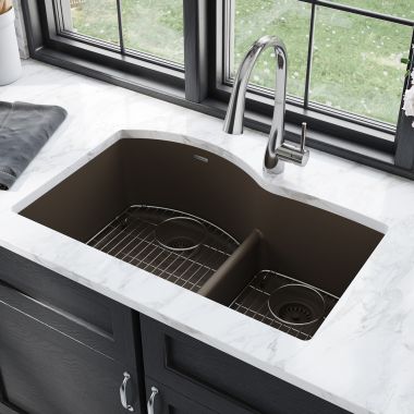 Click here to see Elkay ELGHU3322RMC0C Elkay Quartz Classic Mocha 33in x 22in x10in Undermount with Rear Center Drain, Double Bowl Aqua Divide Sink with Bottom Grids, Drains, and Cleaning Kit - ELGHU3322RMC0C