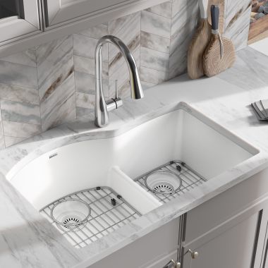 Click here to see Elkay ELGHU3322RWH0C Elkay Quartz Classic White 33in x 22in x10in Undermount with Rear Center Drain, Double Bowl Aqua Divide Sink with Bottom Grids, Drains, and Cleaning Kit - ELGHU3322RWH0C