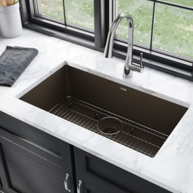 Click here to see Elkay ELGRU13322MC0C Elkay Quartz Classic Mocha 33in x 19in Undermount Single Bowl Kitchen Sink Kit with Rear Center Drain, Bottom Grid, Strainer, and Cleaning Kit - ELGRU13322MC0C