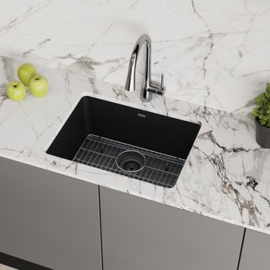 Click here to see Elkay ELGU2522BK0C Elkay Quartz Classic Black 25in x 18in Undermount Single Bowl Kitchen Sink Kit with Rear Center Drain, Bottom Grid, Strainer, and Cleaning Kit - ELGU2522BK0C