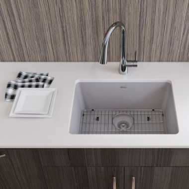 Click here to see Elkay ELGU2522GS0C Elkay Quartz Classic Greystone 25in x 18in Undermount Single Bowl Kitchen Sink Kit with Rear Center Drain, Bottom Grid, Strainer, and Cleaning Kit - ELGU2522GS0C