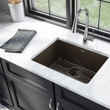 Click here to see Elkay ELGU2522MC0C Elkay Quartz Classic Mocha 25in x 18in Undermount Single Bowl Kitchen Sink Kit with Rear Center Drain, Bottom Grid, Strainer, and Cleaning Kit - ELGU2522MC0C