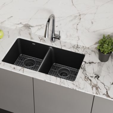 Click here to see Elkay ELGU3322BK0C Elkay Quartz Classic Black Equal Double-Bowl Undermount Sink Kit, 33