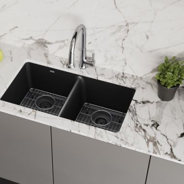 Click here to see Elkay ELGU3322BK0FC Elkay Quartz Classic Black Equal Double-Bowl Undermount Sink Kit, 33