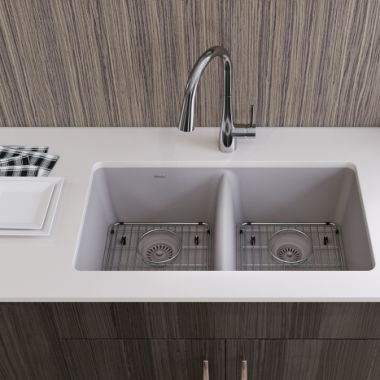 Click here to see Elkay ELGU3322GS0C Elkay Quartz Classic Greystone Equal Double-Bowl Undermount Sink Kit, 33